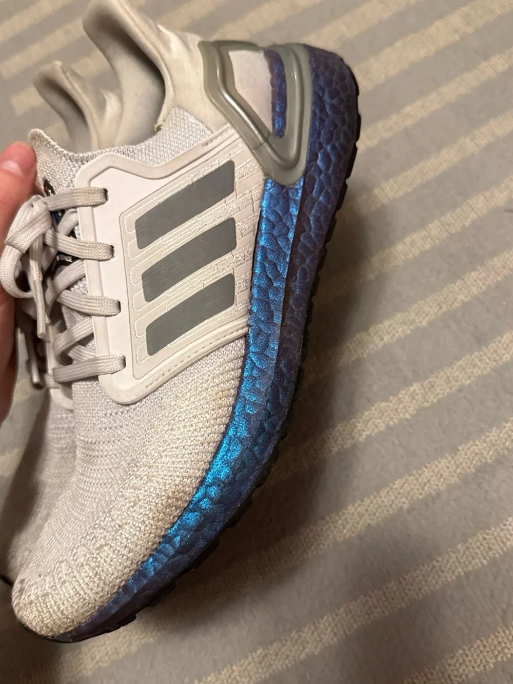 adidas Women’s Light Gray Knit Sneakers with Purple Midsole